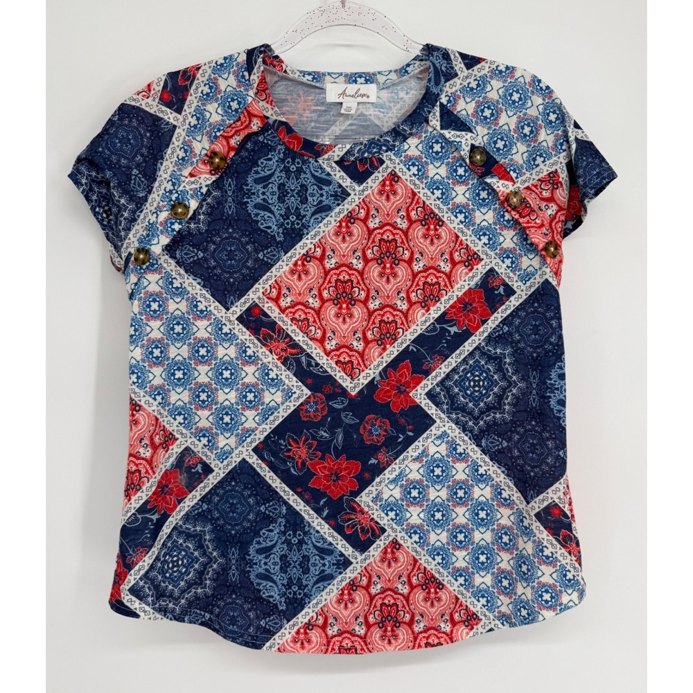 Anneliese Womens Sz PM Red White Blue Patchwork Paisley Button Accent Top